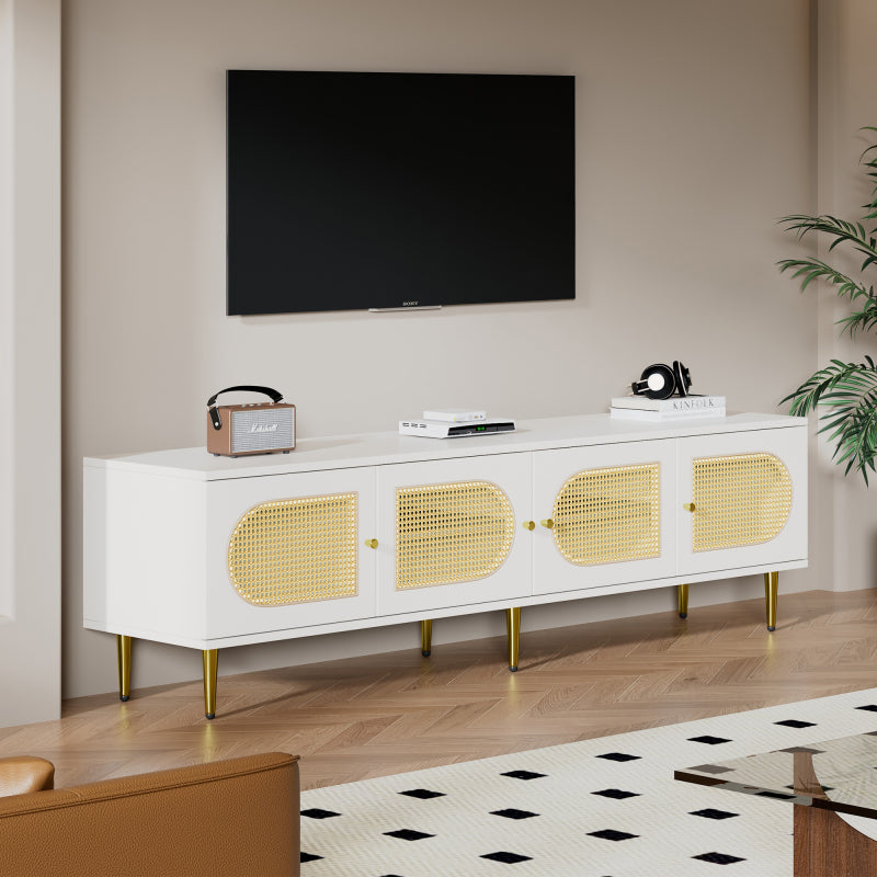 Weißer Rattan-TV-Schrank 180x40x50 cm - 4 Rattan-Türen, verstellbare Einlegeböden und Kabelmanagement für Fernseher bis 80 Zoll, TV-Schrank,Lowboards