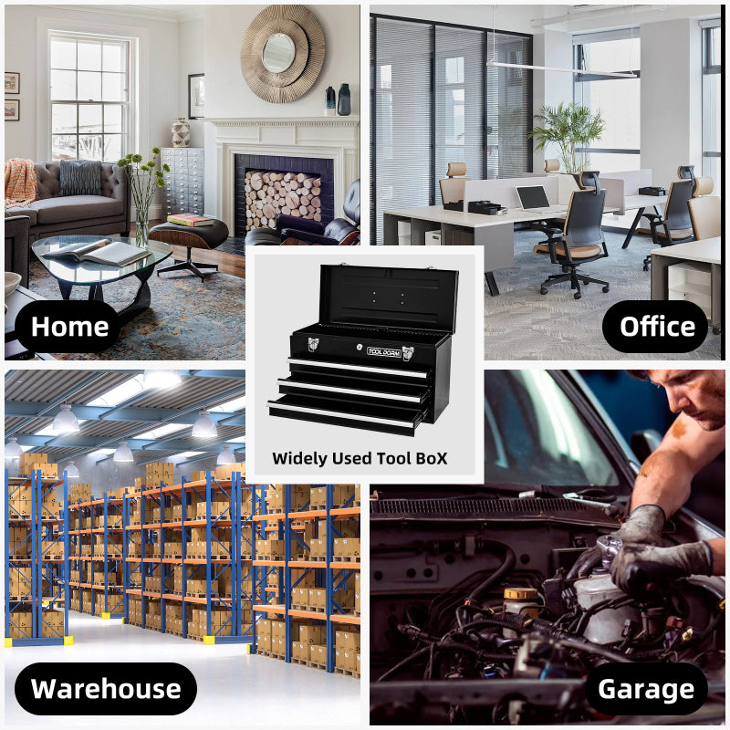 20,3 Zoll großer Werkzeugkasten aus Metall mit Schubladen. Tragbarer Werkzeugkasten aus Stahlmetall mit Schutzauskleidung (Schwarz, 3 Schubladen)