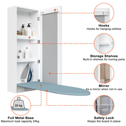 Wand-Bügelschrank mit Spiegel, Integriertes Bügelbrett klappbar, Bügelstation zur Wandmontage mit Stauraum