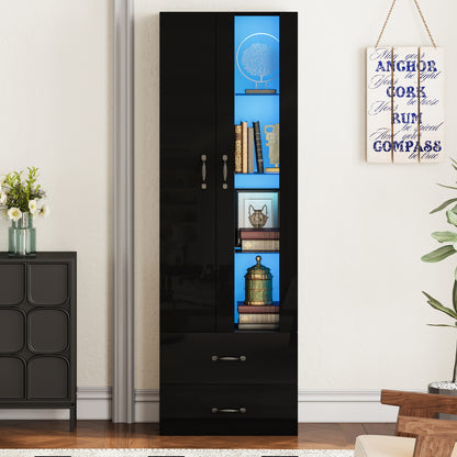 Schwarze LED-Vitrine mit 2 Glastüren - Standvitrine inkl. Beleuchtung, Freistehender Schrank für Wohnzimmer, Buffetschrank & Sammlervitrine, Schwarz