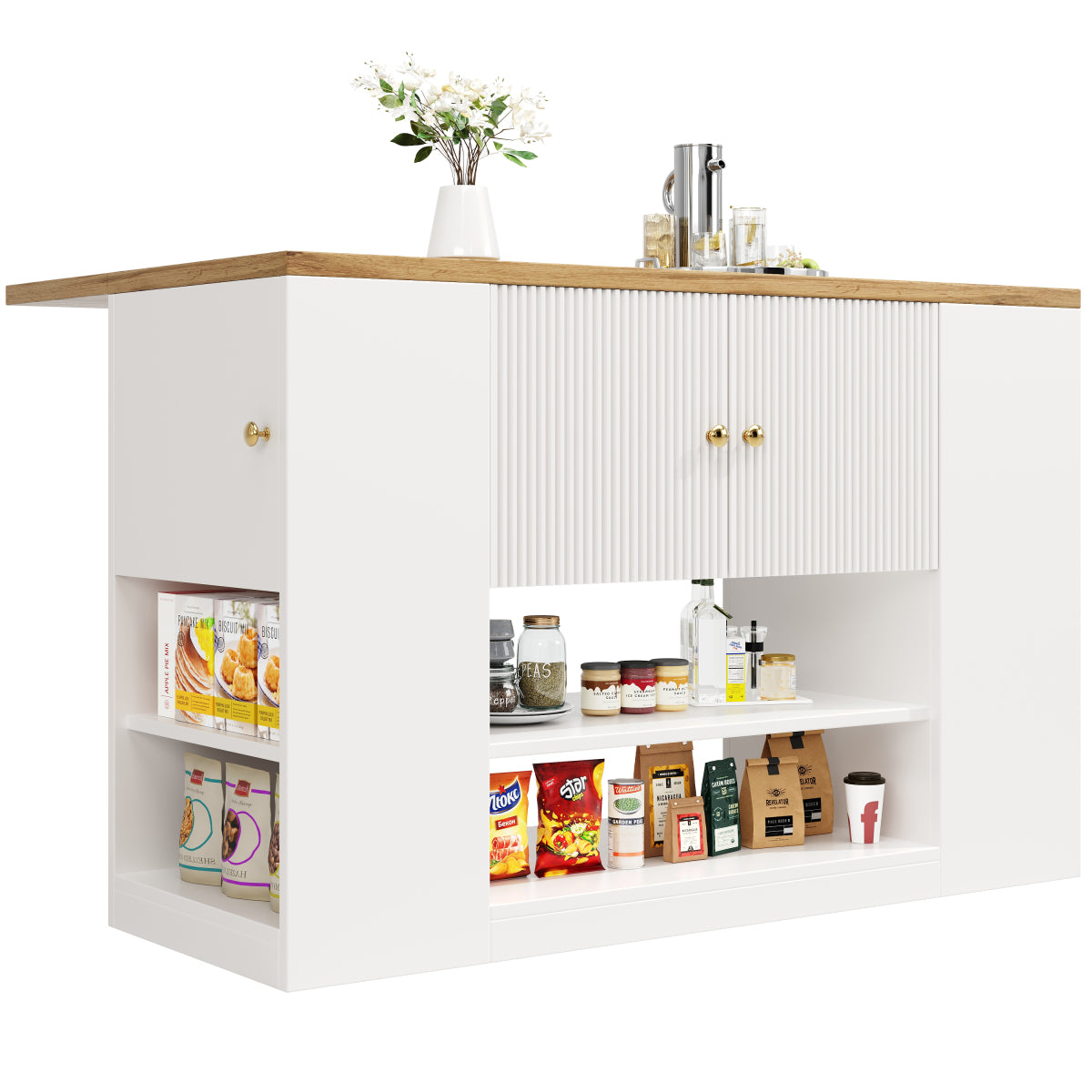 Moderne Kücheninsel Weiß, Küchenschrank mit klappbarer Arbeitsplatte, Sideboard mit Schubladen & Regalen, Esstisch & Servierwagen, 140x70cm