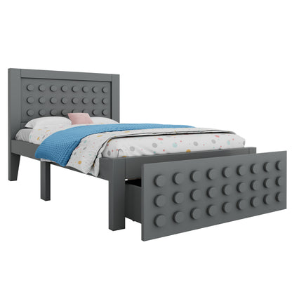Holzbett Einzelbett 90x200 cm, Kinderbett Jugendbett mit Kreativem Block Design, Massivholz Bettgestell mit Lattenrost, mit Schubladen & Unterm Bett Stauraum, Grau, Ohne Matratze