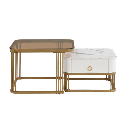 Stapelbarer Couchtisch: hochglänzende Marmoroptik und Teebraun Glasplatte, goldene Akzente, Beistelltisch mit Schubladen.  zweiteiliges Set