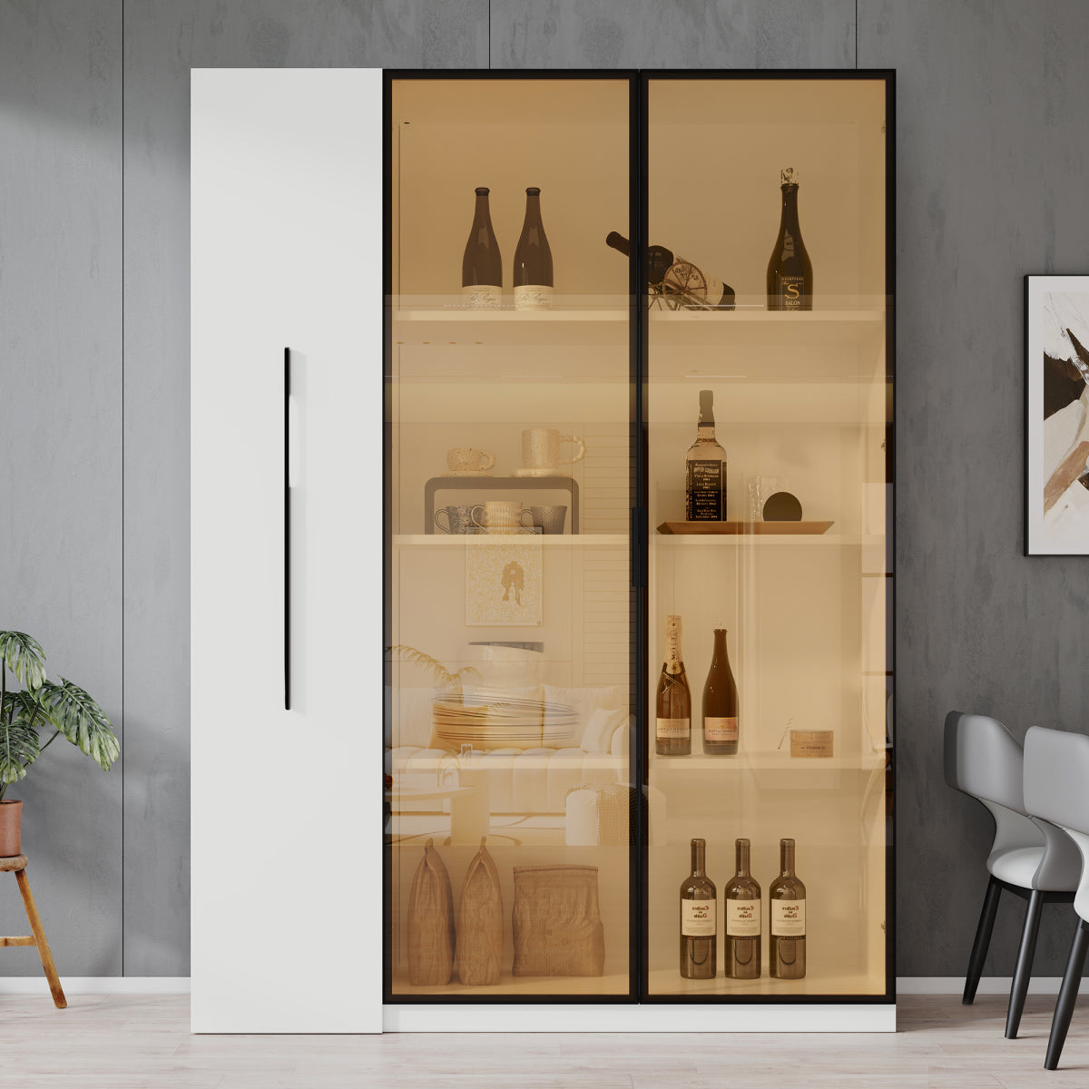 Multifunktionsschrank 110,5x35x160cm - LED-Vitrine mit bernsteinfarbenem Glas, Seitenauszug & Rollen - Weißer Hochschrank im modernen Stil
