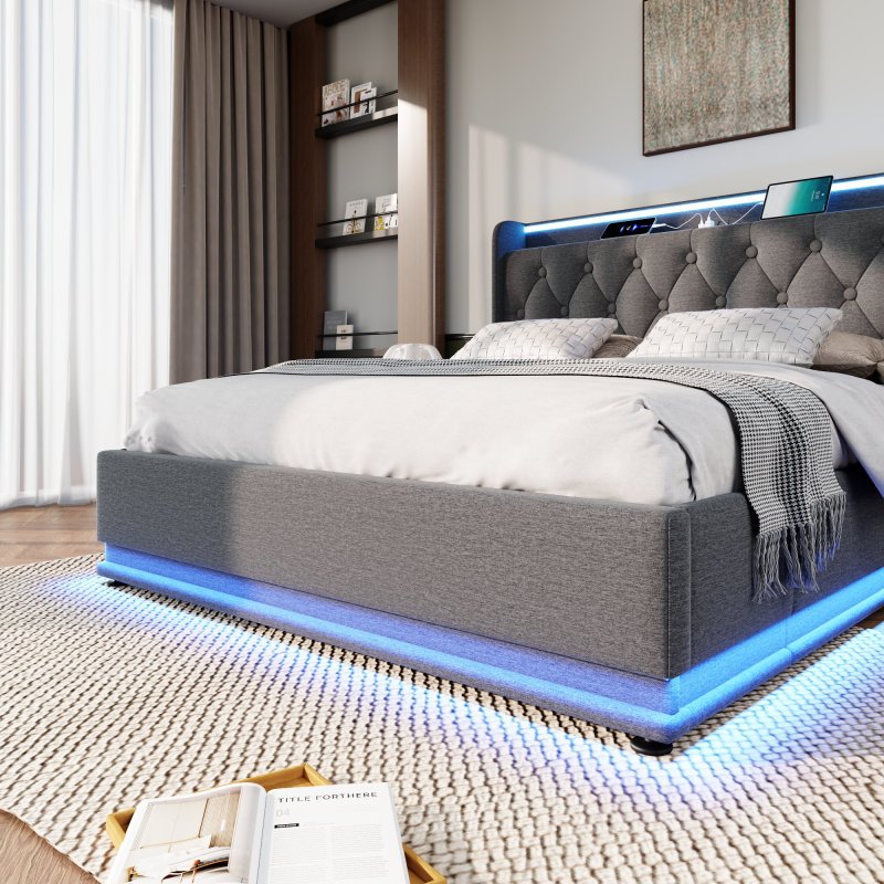 Polsterbett Doppelbett, 360-Surround-LED-Funktion, Drucktaste/App/Fernbedienung,160*200 cm,Grau Leinen-Material Hydraulisches Lagerbett, gepolstertes Kopfteil mit USB Typ-C Ladefunktion(Mit Matratze)