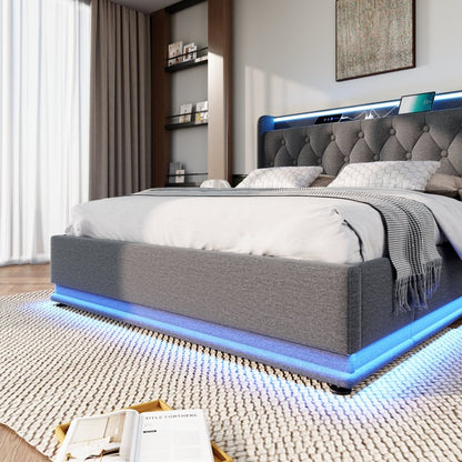 Polsterbett Doppelbett, 360-Surround-LED-Funktion, Drucktaste/App/Fernbedienung,160*200 cm,Grau Leinen-Material Hydraulisches Lagerbett, gepolstertes Kopfteil mit USB Typ-C Ladefunktion(Mit Matratze)
