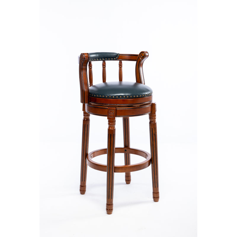 Barhocker aus Holz mit Kuhfell-Obermaterial, 360-Grad-Drehstuhl mit Rückenlehne, Blau + Sitzhöhe 65 cm
