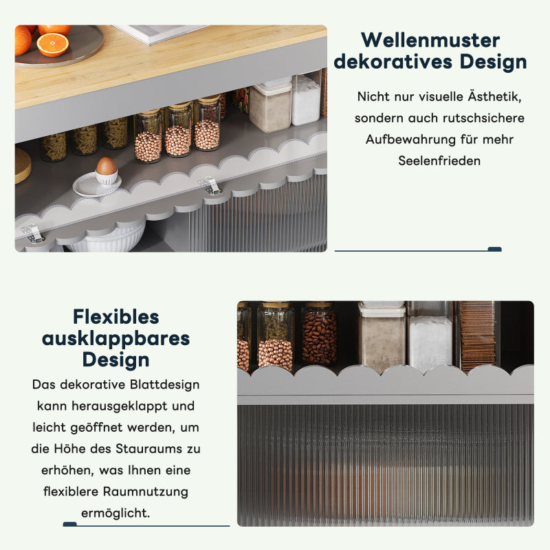122 x 46(69) x 91cm, klappbarer Kücheninselwagen, Arbeitsplatte aus Eichenholzfurnier, Schiebetüren aus gehärtetem Glas, verstellbare Einlegeböden, Handtuchhalter, großer Kücheninselwagen