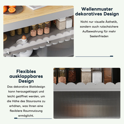 122 x 46(69) x 91cm, klappbarer Kücheninselwagen, Arbeitsplatte aus Eichenholzfurnier, Schiebetüren aus gehärtetem Glas, verstellbare Einlegeböden, Handtuchhalter, großer Kücheninselwagen