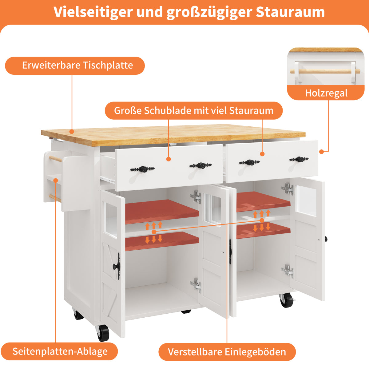 Kücheninsel mit Rollen & Glastüren, klappbare Arbeitsplatte, mobiler Servierwagen mit Schublade & Regal, Küchenwagen Weiß & Holzoptik