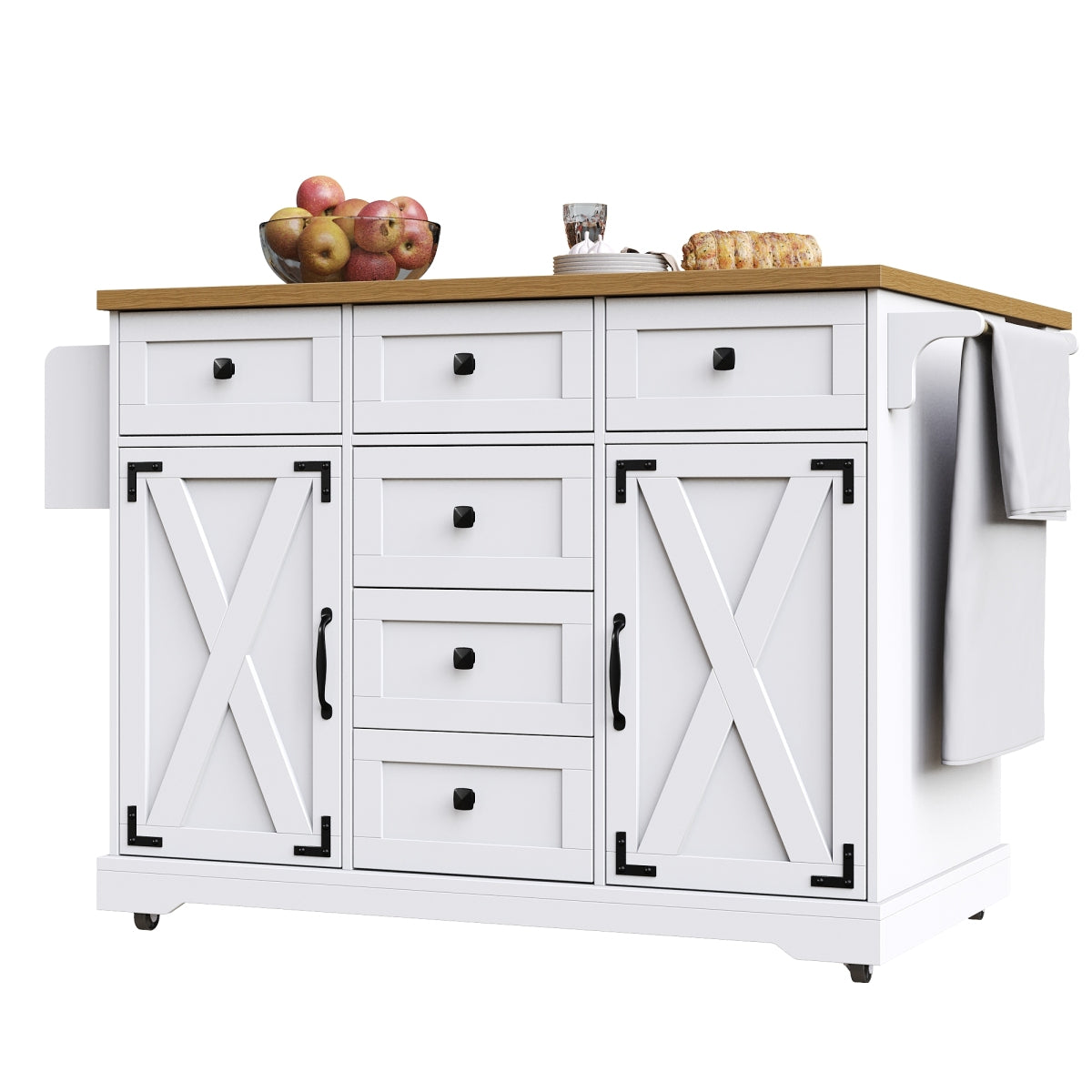 Kücheninsel 147cm klappbar Servierwagen Weiß & Holzoptik, Multifunktionaler Esstisch & Buffetschrank, Mobiler Küchenwagen mit Stauraum