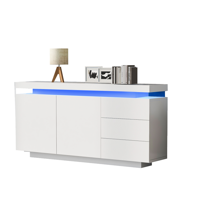 Sideboard Schrank Modern Wohnzimmer Beistellschrank Standschrank Kommode Highboard Anrichte Möbel 2 Türen 3 Schubladen Hochglanz Sideboard mit LED Licht Grifflose 140x35x72.5cm - Weiß