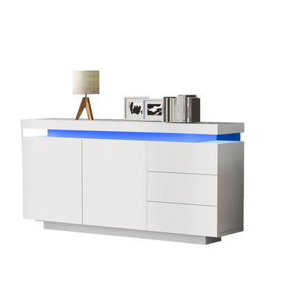 Sideboard Schrank Modern Wohnzimmer Beistellschrank Standschrank Kommode Highboard Anrichte Möbel 2 Türen 3 Schubladen Hochglanz Sideboard mit LED Licht Grifflose 140x35x72.5cm - Weiß