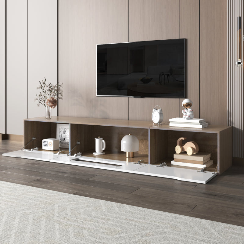 TV-Schrank, Hochglanz-TV-Schrank, farblich passend zu Hochglanz-Weiß und Holzfarbe, mit farbwechselndem LED-Licht.