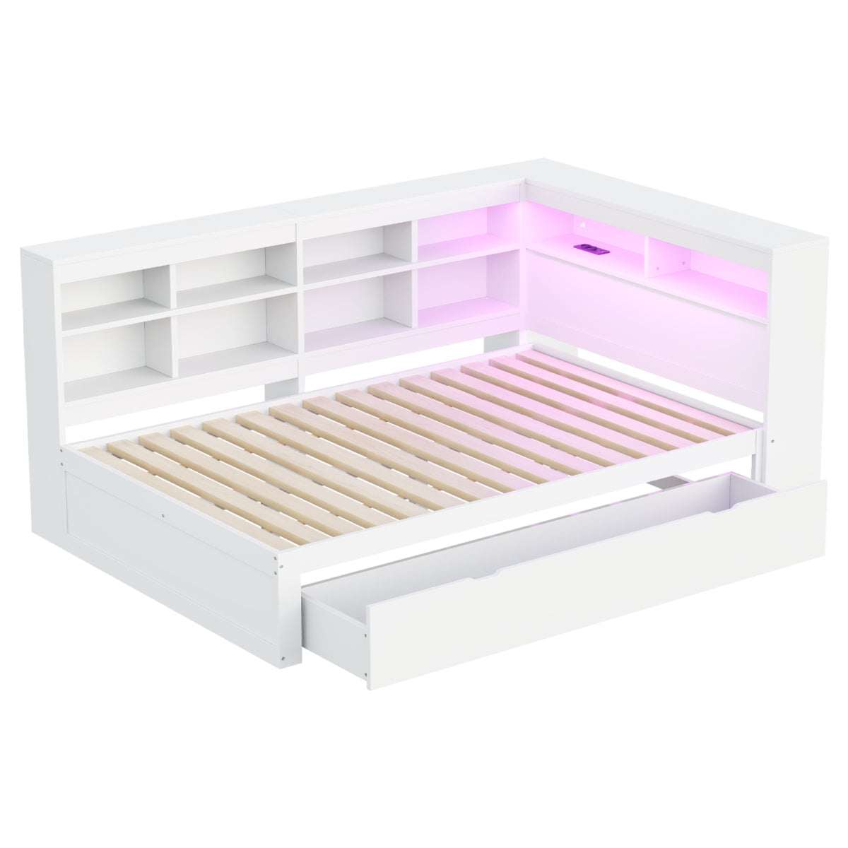 Massivholz-Doppelbett 140x200 Weiß mit LED & USB - Multifunktionales Sofa-Bett mit großen Schubladen, Ablagefächern & viel Stauraum, Weiß
