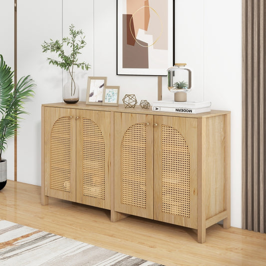 Modernes Sideboard im minimalistischen Stil 4-Rattantür, Metallgriff einfaches Buffetschrank für Esszimmer, Wohnzimmer, Küche (Naturholz)