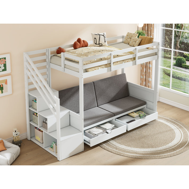 Kinder-Etagenbett, Doppelbett, multifunktionales Kinderbett,Mit Treppenschrank und 2 Schubladen, ohne Matratze, Die untere Ebene als Bett oder Sofa genutzt und enthält Kissen , weiß, 90*200