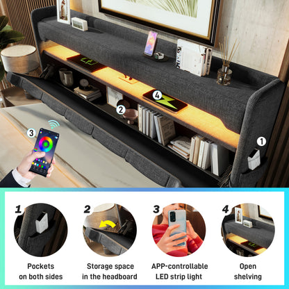 Polsterbett Doppelbett 160*200, Stauraum Kopfteil mit USB und Typ C-Port ,360-Surround-LED-Funktion rund um Kopf- und Fußende des, Betten mit Hydraulisch Stauraum, Grau , Leinen(Mit Matratze)