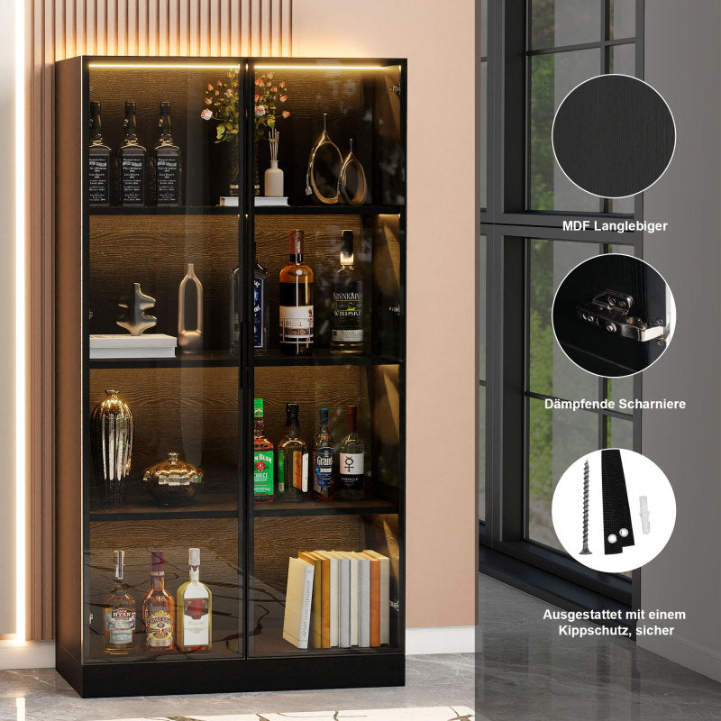 Staubdichte LED-Glasvitrine mit gehärteter Glastür, Vitrine, Bücherregal, Badezimmer 70×40×160 cm Schwarze