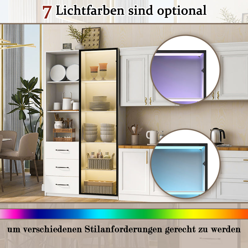 LED-Vitrine, 3 Schubladen und 3 offene Fächer, mehrfarbige LEDs, Bücherschrank, Küchenschränke 80 x 40 x 160 cm