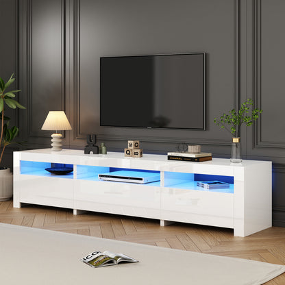 Weißer Hochglanz-TV-Schrank mit LED-Beleuchtung und Stauraum, weißes niedriges Paneel, bietet Platz für 80-Zoll-Fernseher, TV-Unterschrank mit herunterklappbarer Schranktür, 190 x 24 x 40 cm