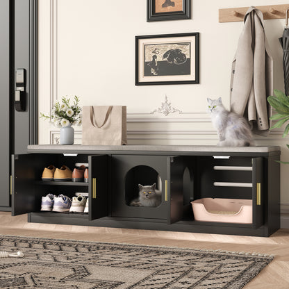 Versteckter Katzenschrank 140x40x45,5cm - 4-in-1 Katzenmöbel & Schuhbank, Katzentoilettenschrank mit Belüftung & Kratzmatte, Schwarz