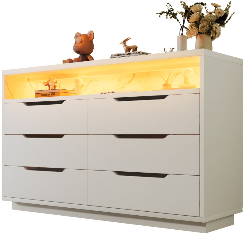 Sideboard, Kommode mit LED-Beleuchtung und 6 Schubladen, Staufach mit Marmorkorn, Moderner Schrank für Wohnzimmer und Schlafzimmer, 120x40x85cm, Weiß
