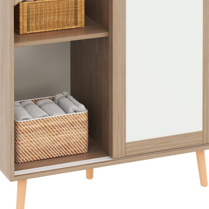 Kinder Kleiderschrank, Schiebetürenschrank mit Kleiderstange, Spanplatten Material, Vollholz-Standfüße, weiß+natürliches Holz