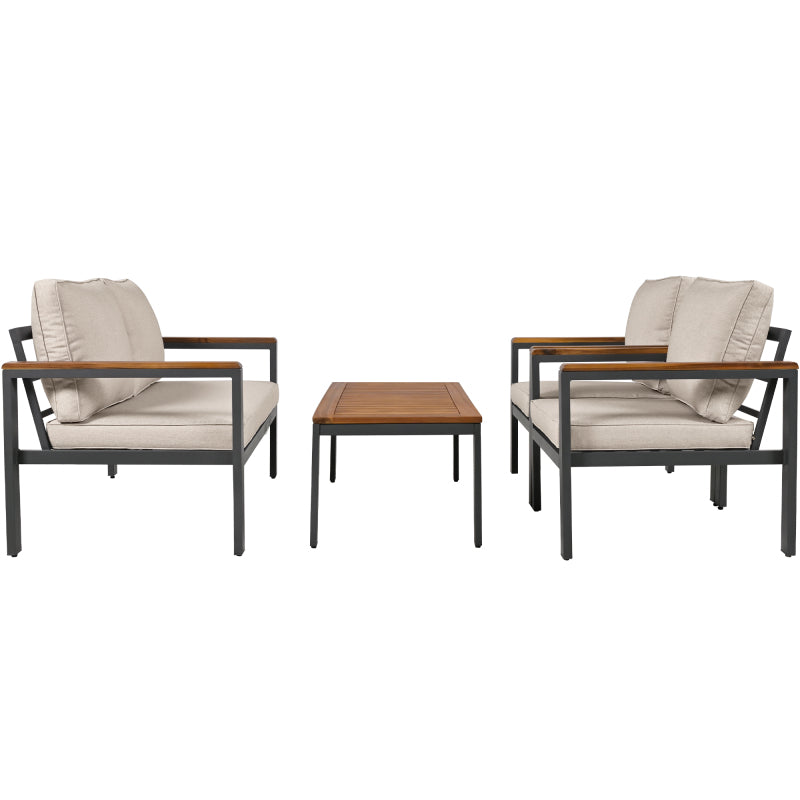 Loungeset, Gartenmöbel-Set mit Rahmen aus verzinktem Stahl, (breites Set, 4-teiliges Esstisch-Set, 1x 2-Sitzer-Sofa, 2x Einzelstühle, 1x Tisch), Akazienholz Tischplatte und Armlehnen,Beige