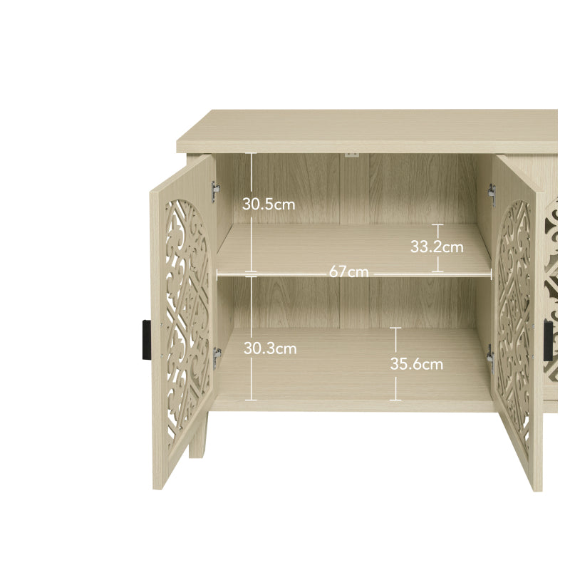 Natürliches Holzfarbener vier Türen Sideboard, mit geschnitztem und durchbrochenem Design, ausgestattet mit drei Einlegeböden. Geeignet für Wohnzimmer, Flur, Esszimmer und Küche.(147.6x40x80cm)