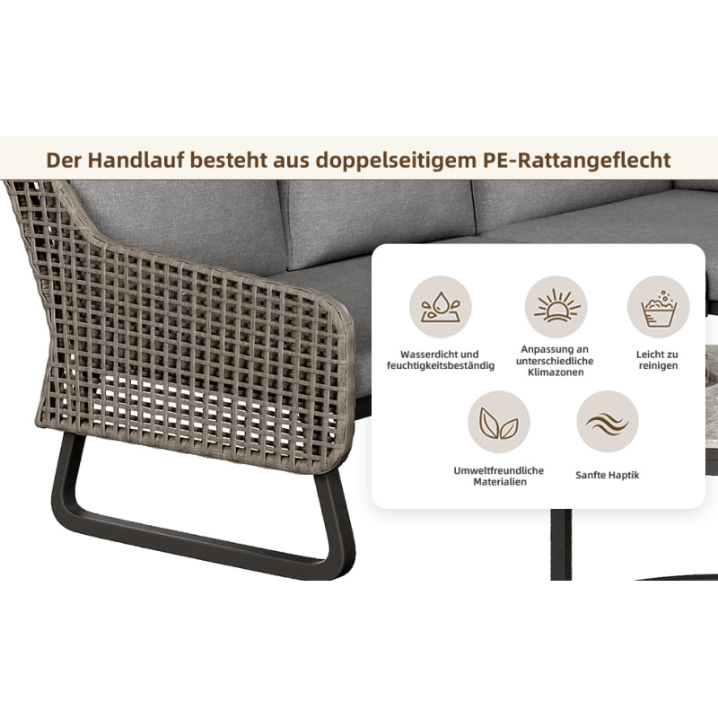 Gartenmöbel-Set für 6-7 Personen, Outdoor-Lounge-Set, Rattan-Handwerk, mit zwei Tischen, mit verzinktem Eisengestell, verstellbare Beine, inklusive aller Sitz- und Rückenkissen, grau