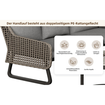 Gartenmöbel-Set für 6-7 Personen, Outdoor-Lounge-Set, Rattan-Handwerk, mit zwei Tischen, mit verzinktem Eisengestell, verstellbare Beine, inklusive aller Sitz- und Rückenkissen, grau