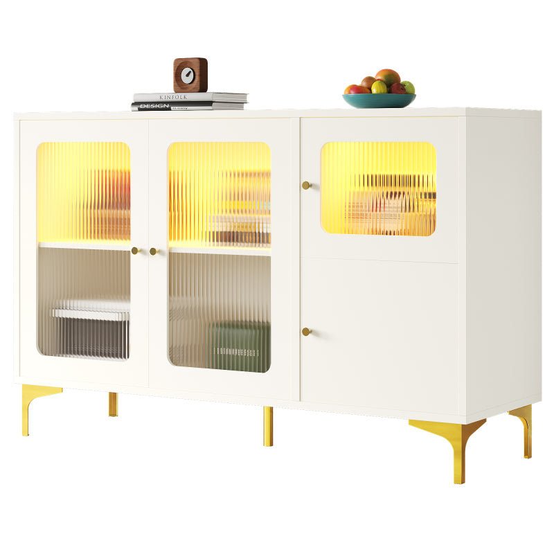 Modernes und schlichtes weißes Sideboard (140 x 40 x 90 cm), Changhong-Glastür-Design, integriertes warmes Umgebungslicht, mit dekorativen Metalldetails und viel Stauraum, geeignet für Esszimmer