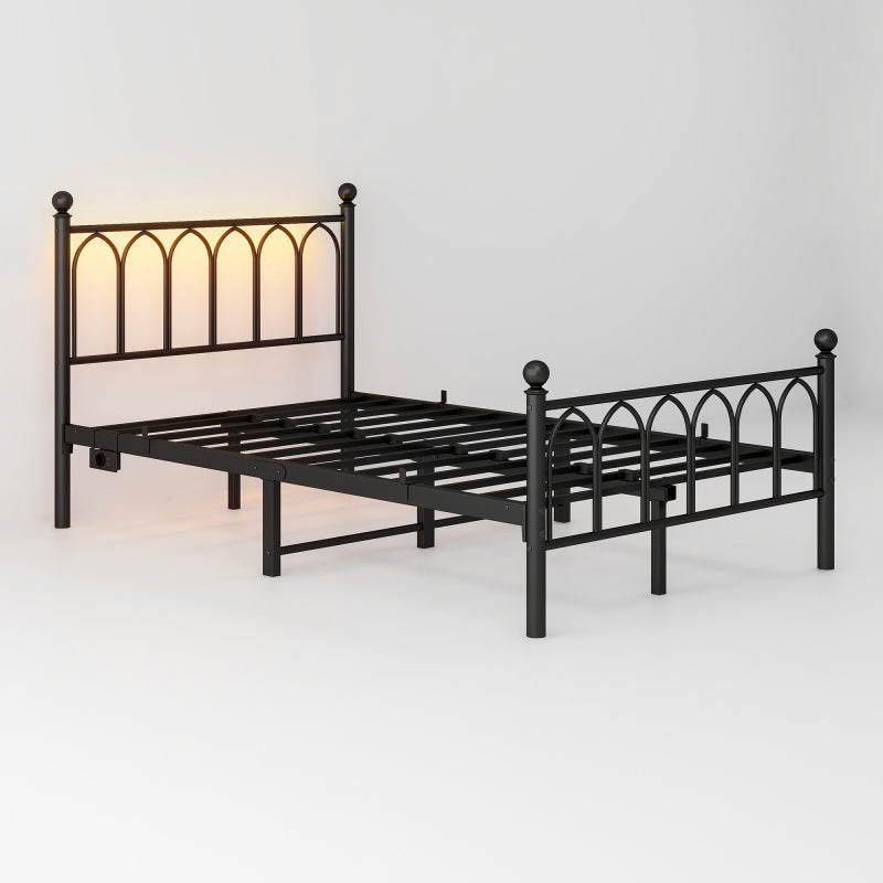 120x200cm Metall Bettrahmen mit Vintage Kopf und Fußplatte, USB-Ladestation, LED-Bettrahmen, Heavy Duty Stahl Slat Unterstützung, Reichweite Unterbett-Speicher, Keine Box-Feder erforderlich, Schwarz