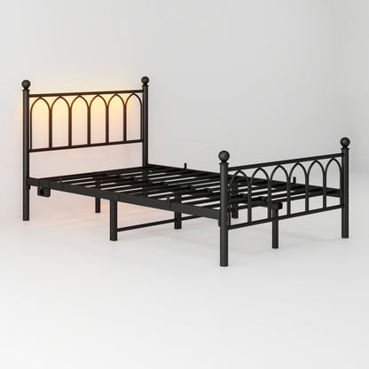 120x200cm Metall Bettrahmen mit Vintage Kopf und Fußplatte, USB-Ladestation, LED-Bettrahmen, Heavy Duty Stahl Slat Unterstützung, Reichweite Unterbett-Speicher, Keine Box-Feder erforderlich, Schwarz