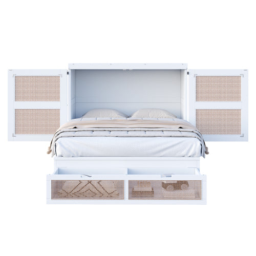 Schrankbett 140 x 200 cm, Wandbett mit Lattenrost, Wandklappbett, Rattan-Design, Holzbetten, Jugendbetten, Einzelbetten, Grau