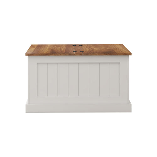 Couchtisch Quadratisch 80x80 cm, Truhentisch im Farmhouse-Stil, Tischplatte beidseitig hochklappbar, Stauraum, Scheunentor-Design