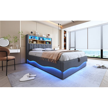 Polsterbett 140×200  mit hydraulischem Stauraum APP-gesteuertes LED-Lichtband USB-Ladeanschluss Metall-Lattenrost Leinenpolsterung Grau
