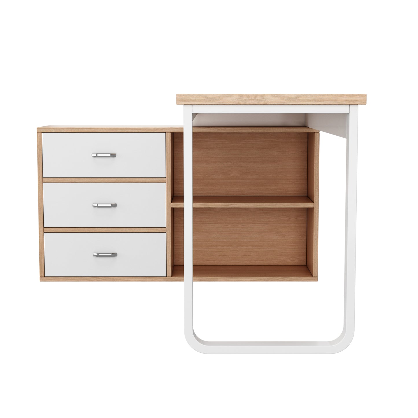 Schlichter Schreibtisch, Büro Schreibtisch, drei Schubladen, zwei offene Ablagefächer, stabile Tragfähigkeit, natur