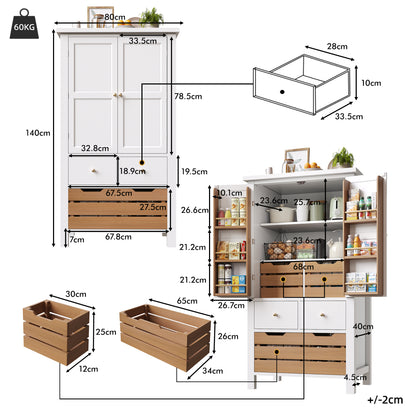 Küchenschrank 140cm hoch, Buffet-Schrank mit 2 Türen & 5 Schubladen, Mehrzweckschrank Weiß, Sideboard Vorratsschrank mit Kippschutz, 80x40cm
