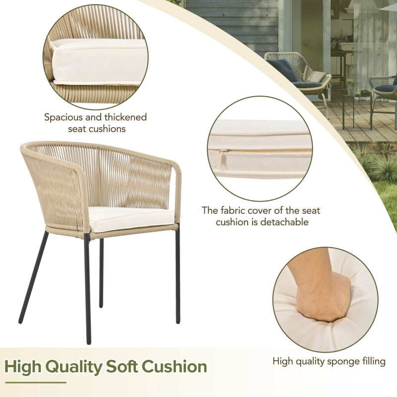 Garten-Essgruppe, 7-tlg, Garten-Lounge-Set aus Seil, 6 Sessel und 1 Tisch, Tisch aus Akazienholz, Mit Fußpolstern und sechs Sitzkissen, abnehmbar und waschbar