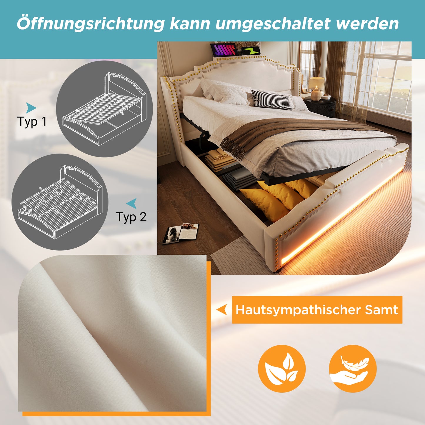 Polsterbett 140x200, Doppelbett mit hydraulischem Stauraum, LED-Beleuchtung und USB-C-Ladeanschluss, Stauraumbett und Jugendbett mit Lattenrost, Samt, Beige, ohne Matratze