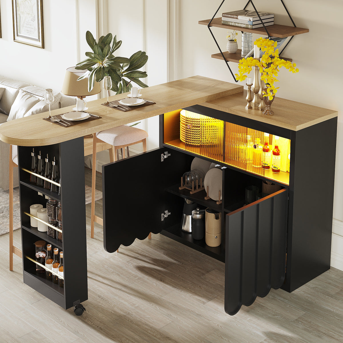 Ausziehbarer Bartisch 135-205cm mit LED & USB, Mobiler Hochtisch Schwarz, Teleskop-Kücheninsel mit Glas-Schiebetür & Soft-Close, Gestreift