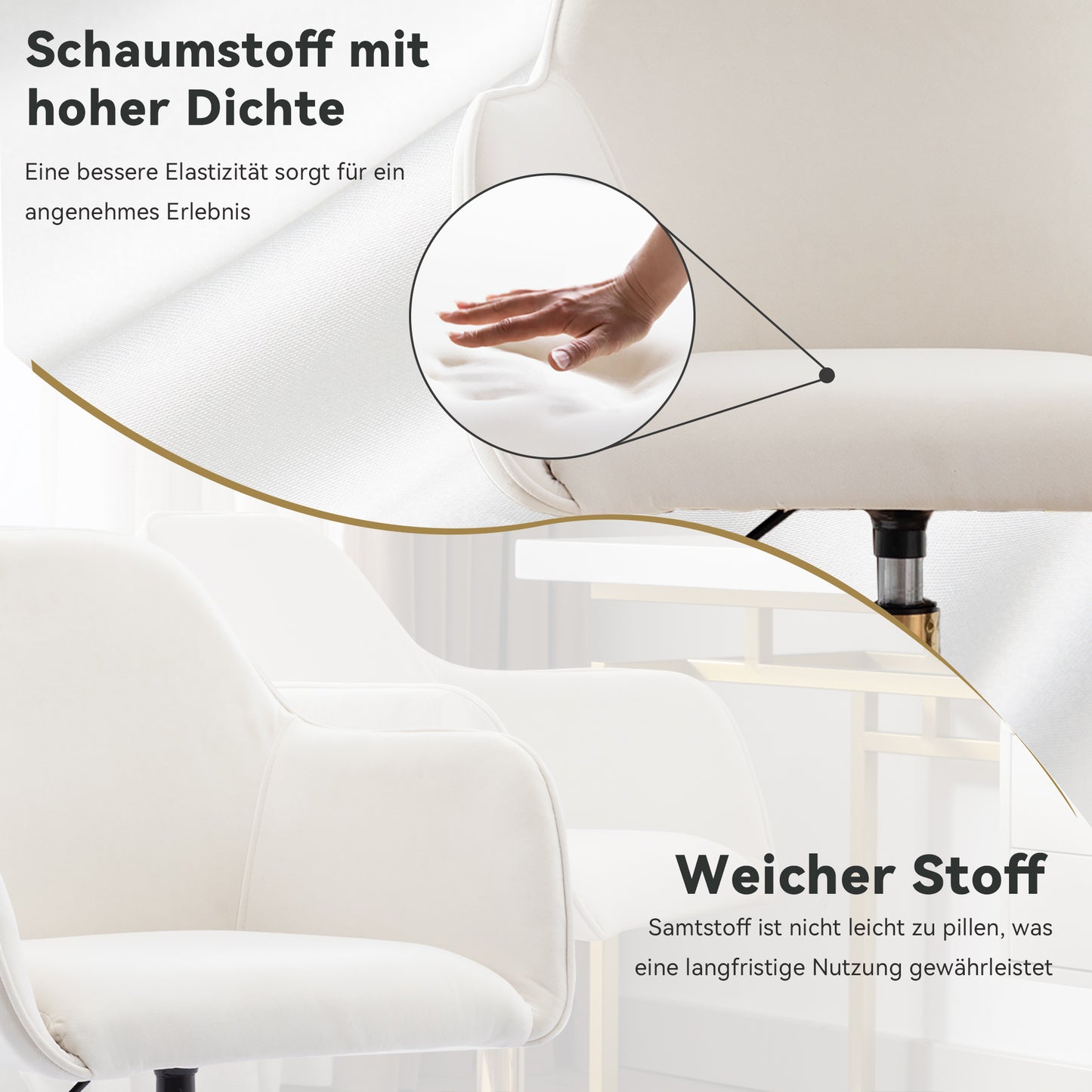 Neuer höhenverstellbarer Bürodrehstuhl aus Samtstoff für das Innenbüro mit goldenen Beinen, elfenbeinfarben