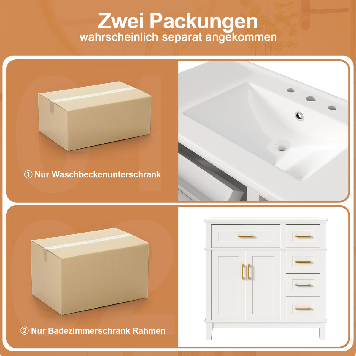 Badezimmer-Unterschrank 90×46×87 cm, weiß lackiert, Keramikwaschbecken, leise Schubladendämpfung, Massivholzbeine, viel Stauraum, goldene Griffe