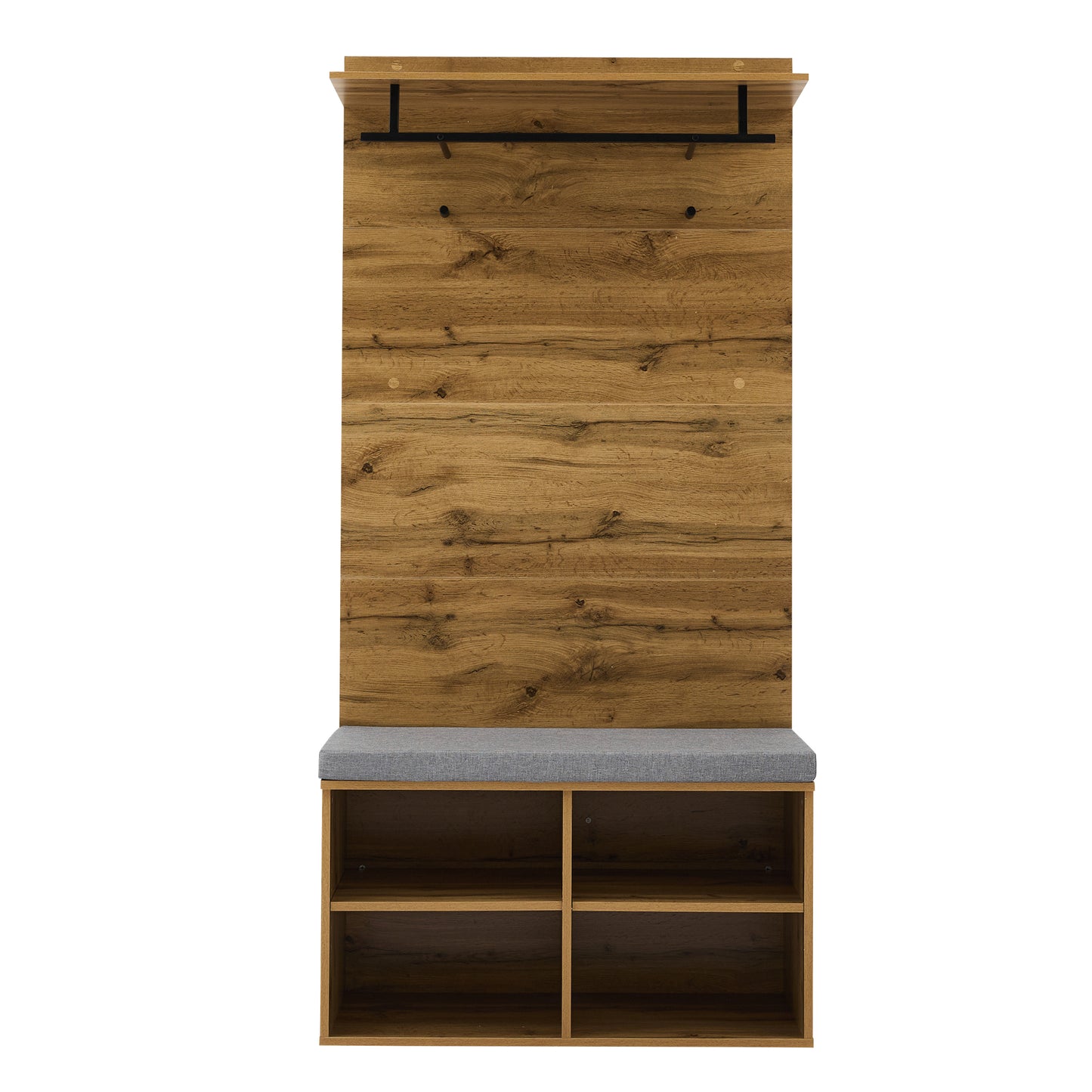 Garderobenset in Holzoptik mit Schuhbank, verstellbarem Regal, Kleiderstange und Polster, Praktische Flurmöbel