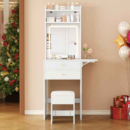 Schminktisch mit klappbarer Tischplatte, Frisiertisch Weiß 75cm, LED Spiegel (dimmbar, 3 Farben) & Stauraum