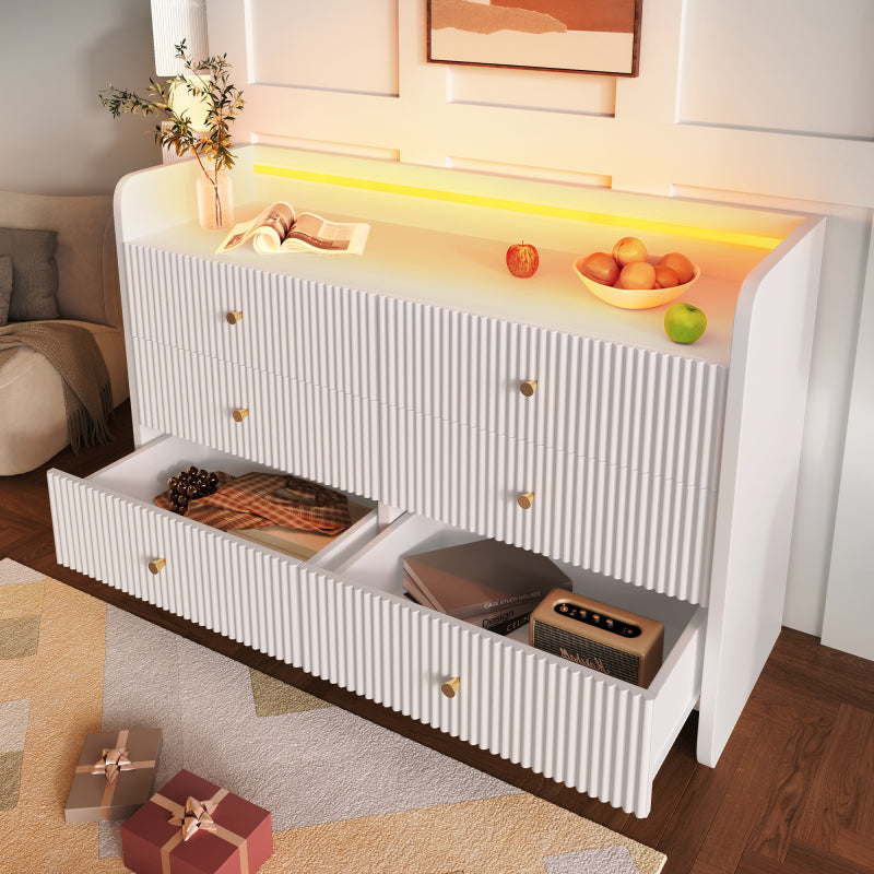 Sideboard, Kommode mit LED-Beleuchtung und 6 Schubladen, Wellenförmiges Rillendesign, Moderner Schrank für Wohnzimmer und Schlafzimmer, 120x40x75cm, Weiß