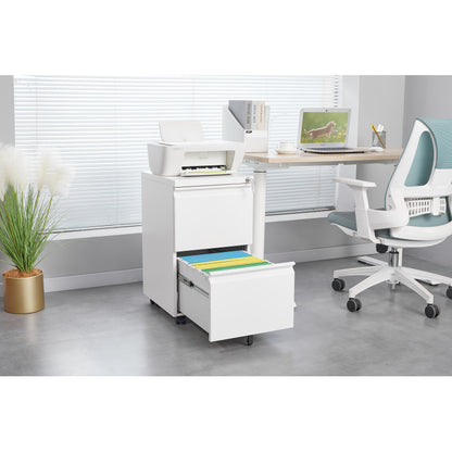 Metal 2 Drawer Mobile File Cabinet with Lock, Under Desk Office Steel Filing Cabinet, 25.6''H Legal/Letter Size Files Storage Cabinet,White