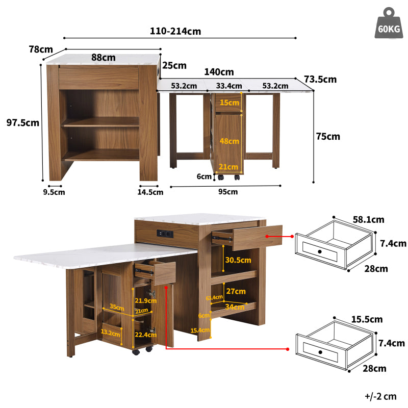 Ausziehbarer Bartisch mit Stauraum(110-124×78×97.5cm), für 2-6 Personen, Kücheninseln mit 2 Schubladen, 2 seitliche offene Regale und eingebaute Steckdose,Tischplatte aus weiß marmoriertem MDF,Braun